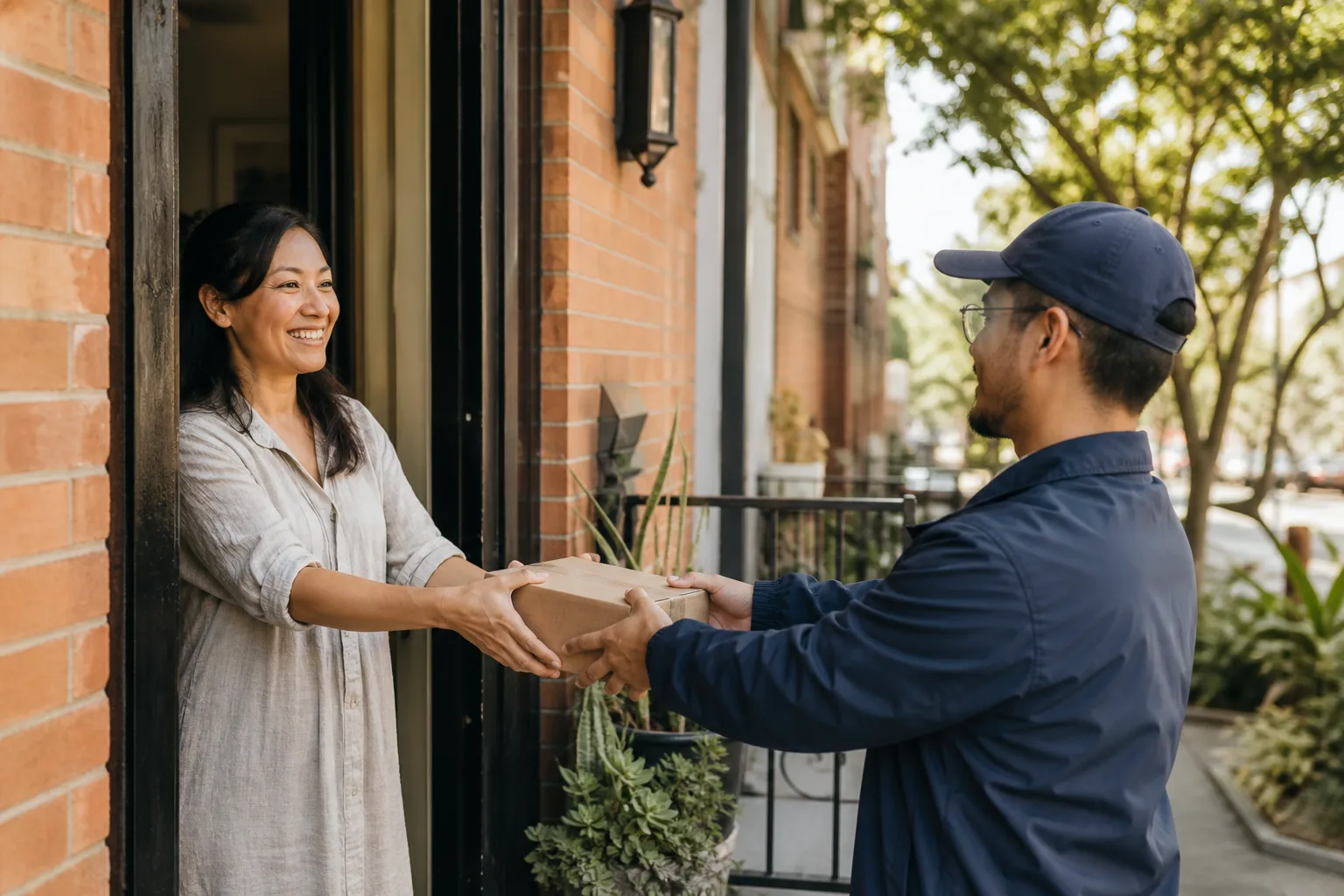 A helper handing a package to a customer at a front door
