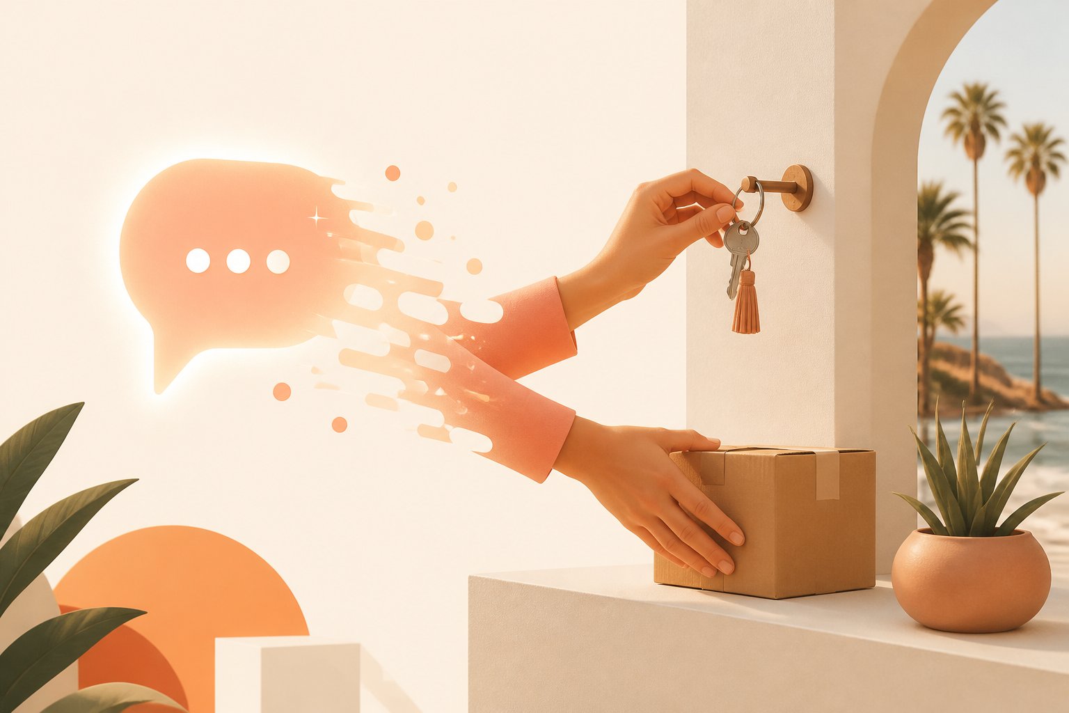 A hand holding keys and a parcel beside a coral task bubble