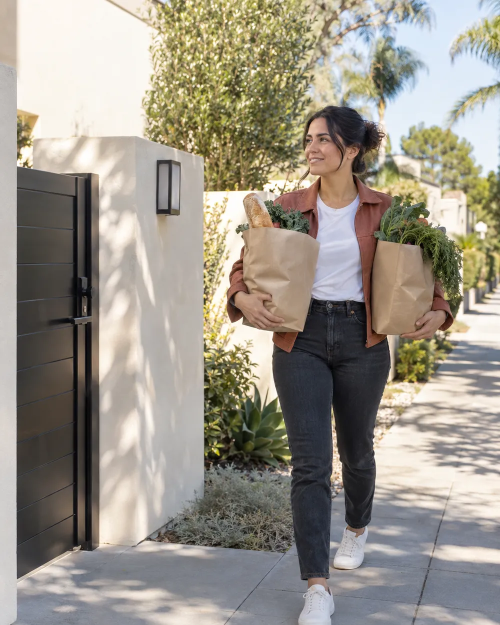 AI-created example of an independent courier carrying prepaid groceries to a home.